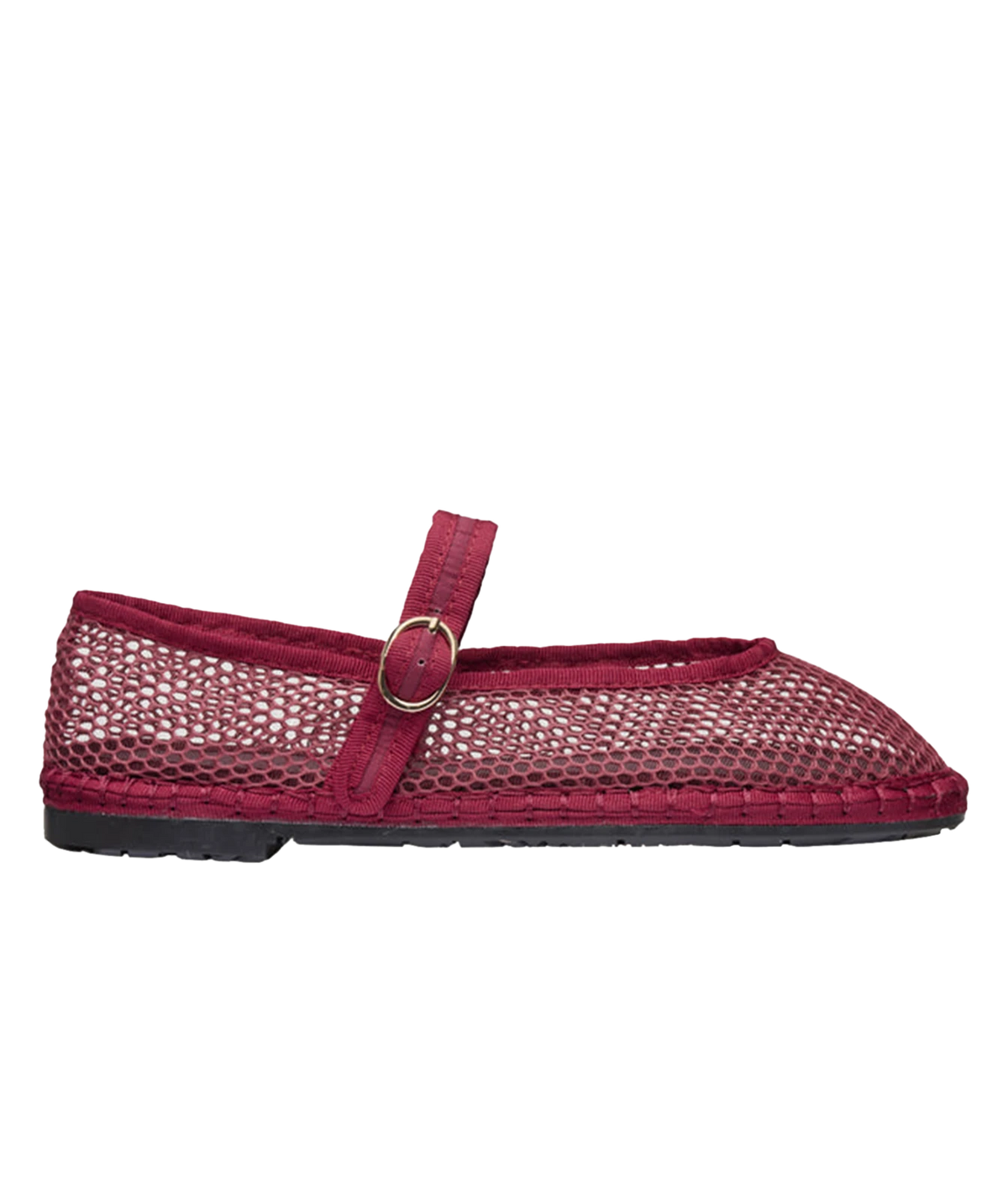 Side profile of the Flabelus Isabella in Garnet, showing the deep red mesh upper, tonal piping and patent leather buckle strap across the instep