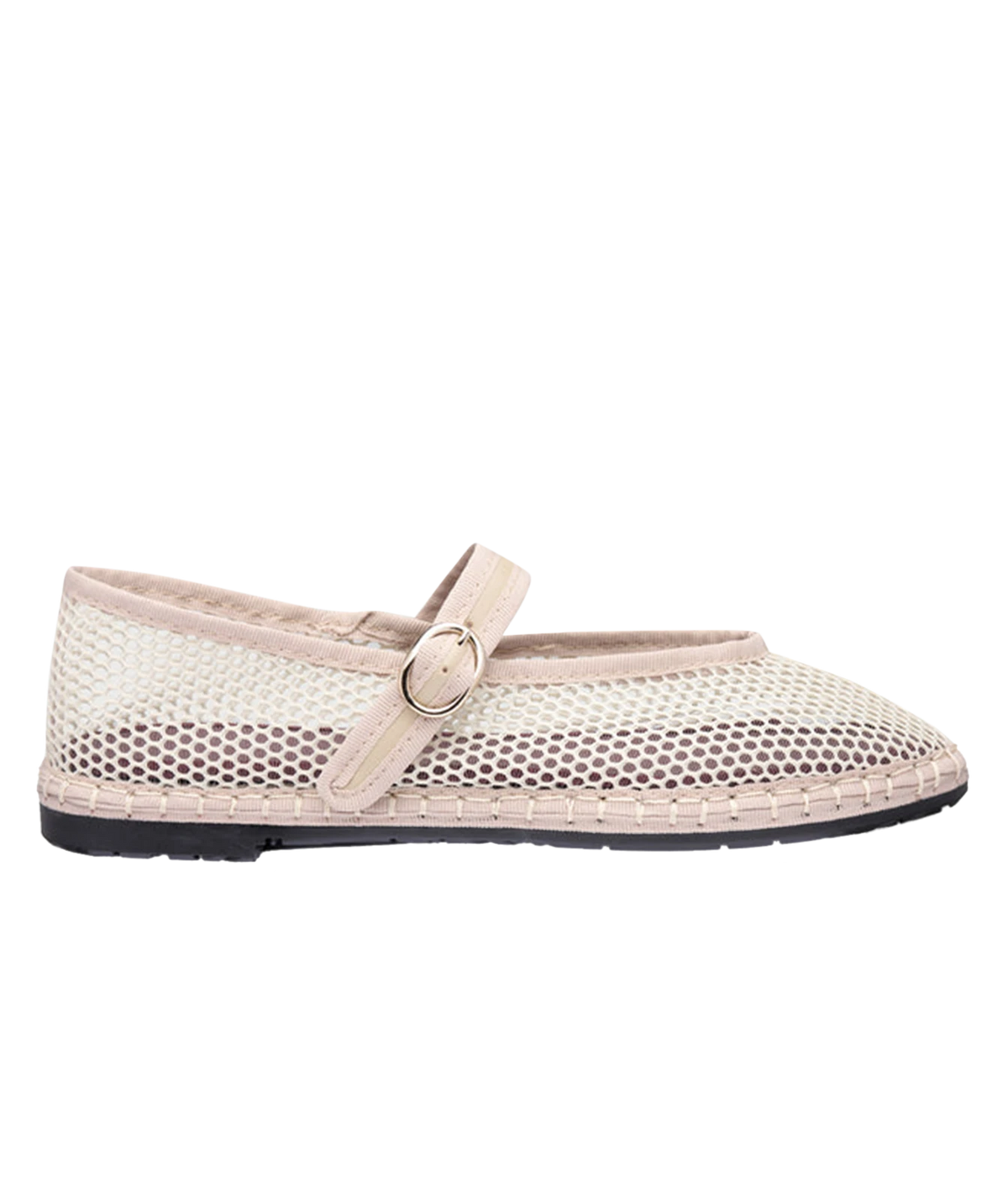 Side profile of the Flabelus Isabella in Nude, showing the light beige mesh upper, tonal piping and patent leather buckle strap across the instep
