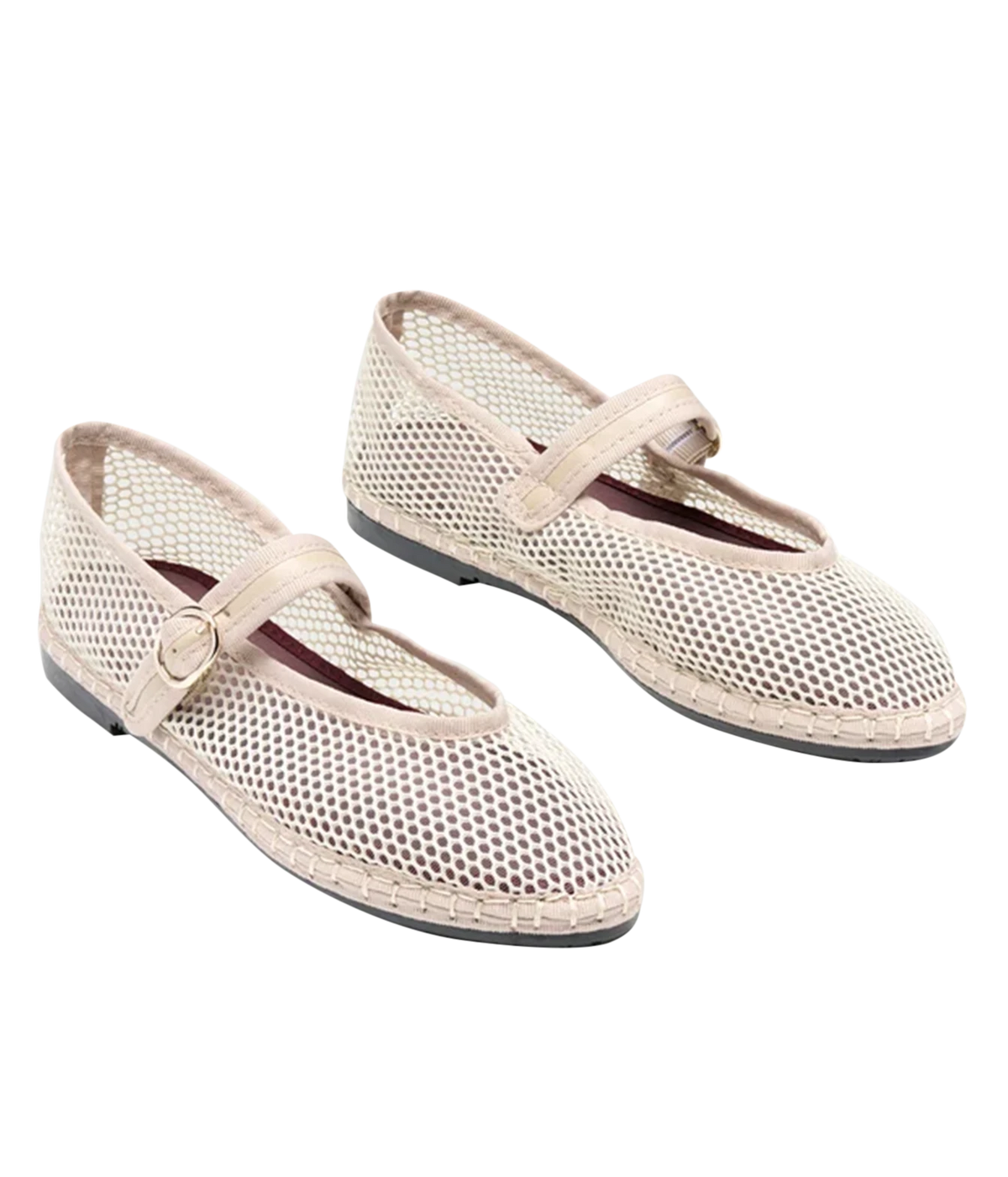 Pair of Flabelus Isabella in Nude angled from the front, showing the V-cut vamp, light beige mesh upper and patent leather buckle straps
