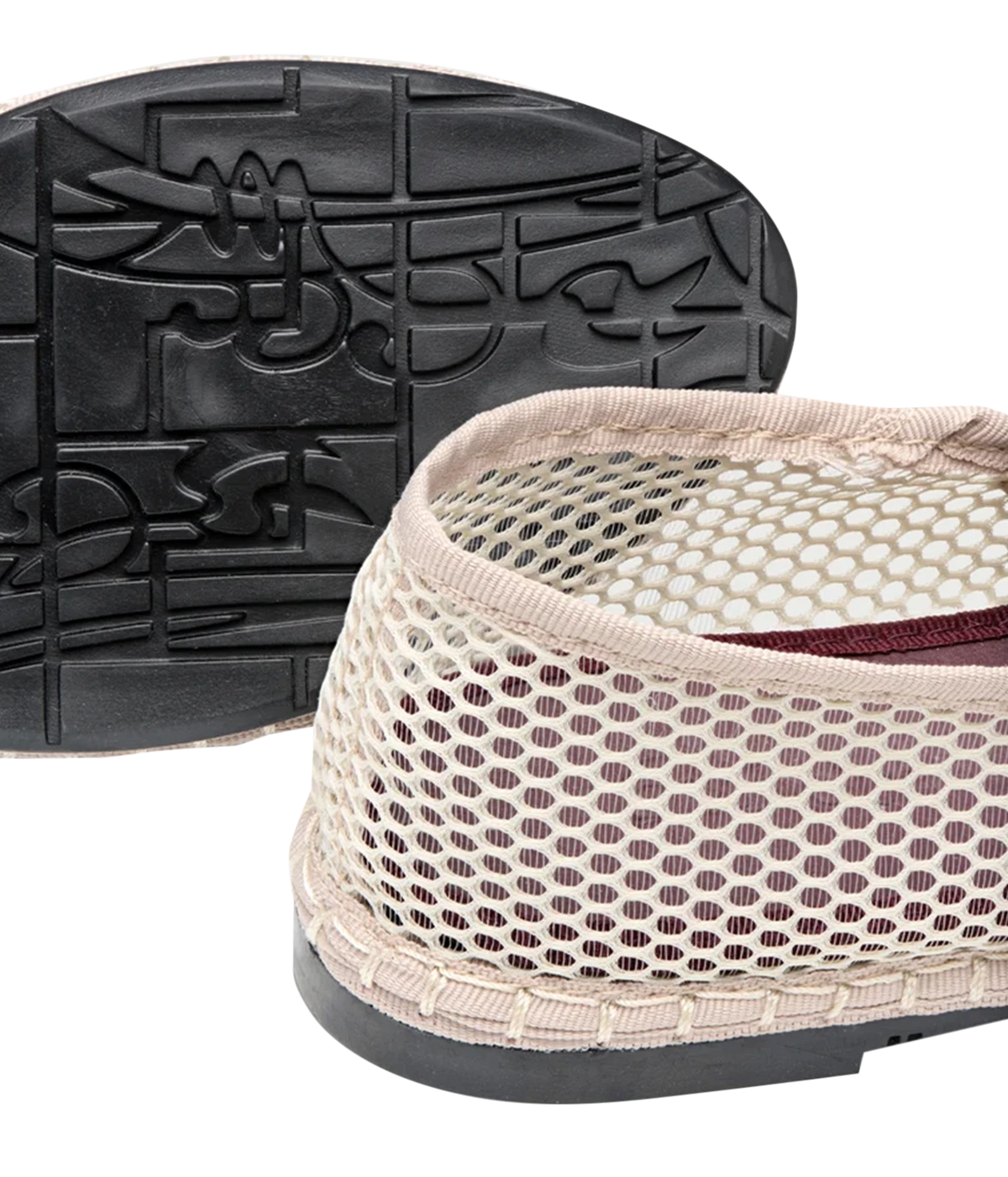 Close-up of the Flabelus Isabella in Nude showing the mesh heel, tonal light beige piping and patterned recycled rubber sole