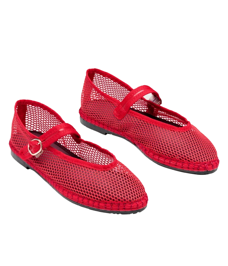 Pair of Flabelus Isabella in Red angled from the front, showing the V-cut vamp, red mesh upper and patent leather buckle straps