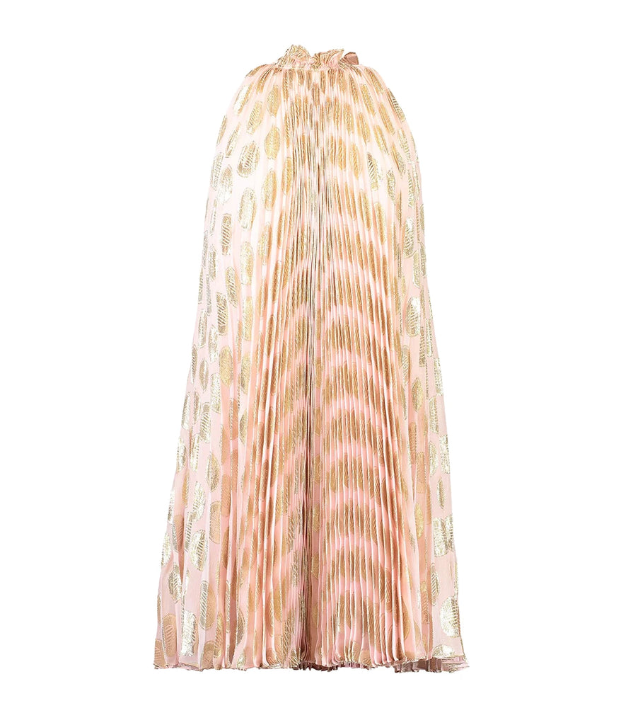 A short, flowy mock neck dress, with a shimmery murex shell print on a pink plisse background. Pair this bra-friendly dress with heels or sandals for a glamourous summer look. 
