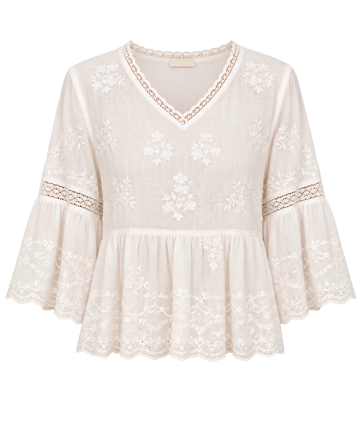 Front product view of the M.A.B.E Sisi embroidered top in Ivory, with tonal floral embroidery, lace trims and flared three-quarter sleeves.