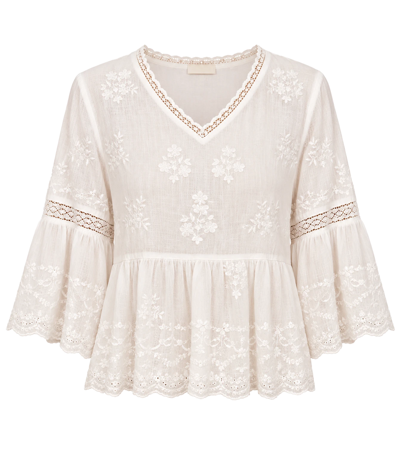 Front product view of the M.A.B.E Sisi embroidered top in Ivory, with tonal floral embroidery, lace trims and flared three-quarter sleeves.