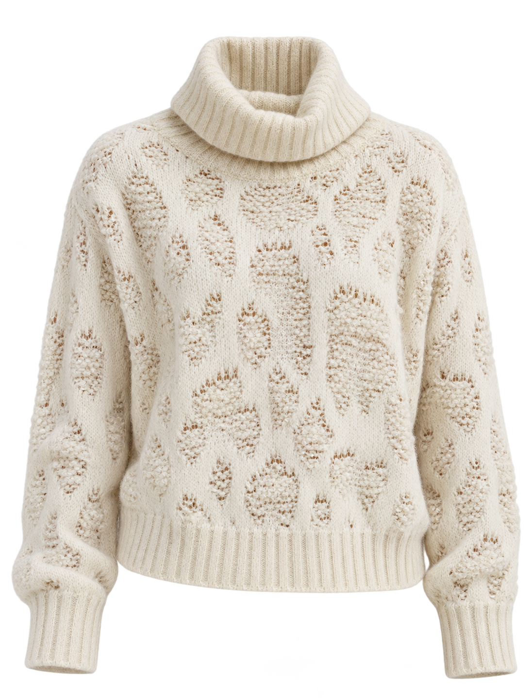 Avant Toi Hand Painted Leopard Jacquard Effect High Neck Pullover In Vaniglia, close-up of a flat lay of the photo