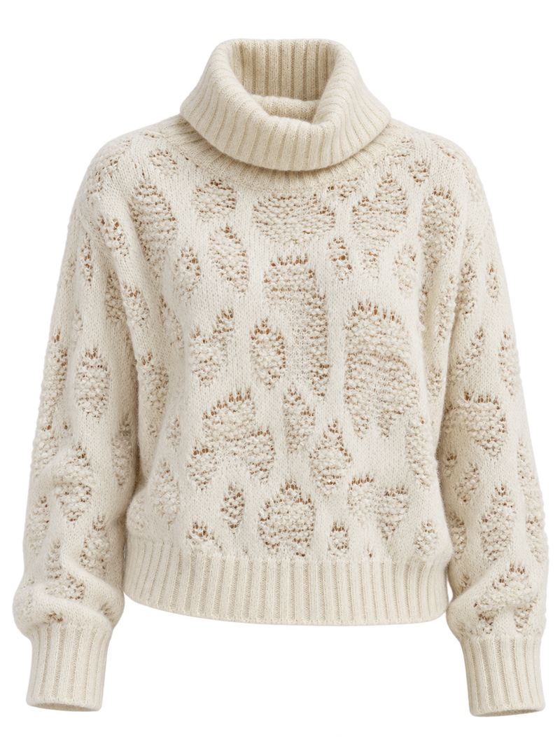 Avant Toi Hand Painted Leopard Jacquard Effect High Neck Pullover In Vaniglia, close-up of a flat lay of the photo