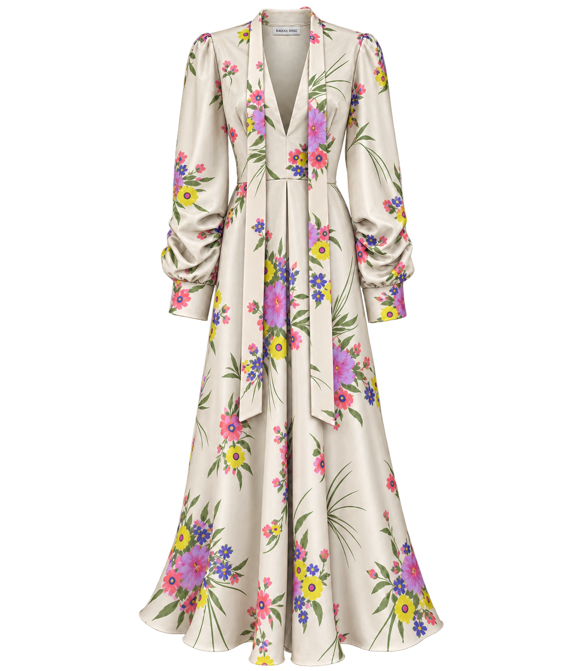 Raquel Diniz Valerie Dress in Pink Floral laid flat, showing the ivory silk with pink, purple and yellow florals, plunging V-neckline, long neck ties, gathered long sleeves and flared maxi skirt