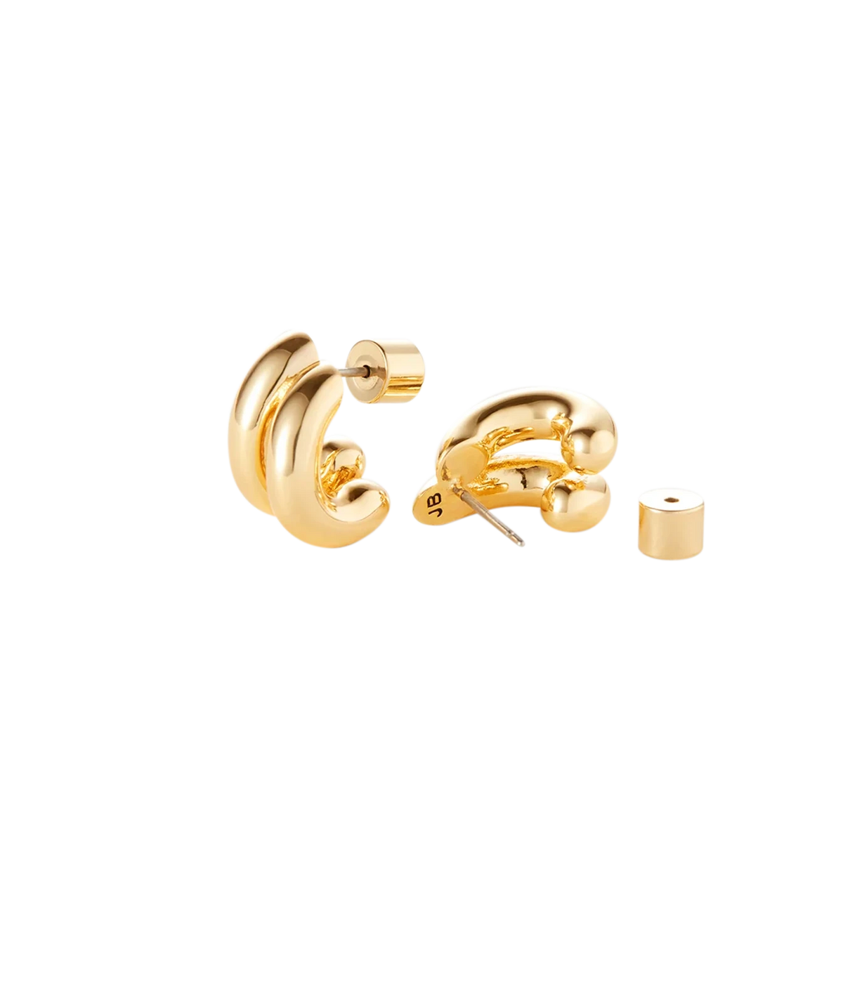 Jenny Bird Mini Florence Earrings in Gold shown as a pair from the front and side, showing the domed double-band huggie shape, stud post and earring back