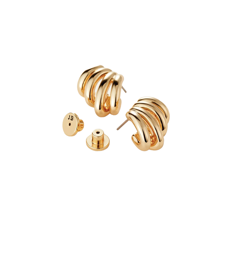 Jenny Bird Monroe Earrings in Gold shown from the side with their earring backs, showing the stud posts and layered bands