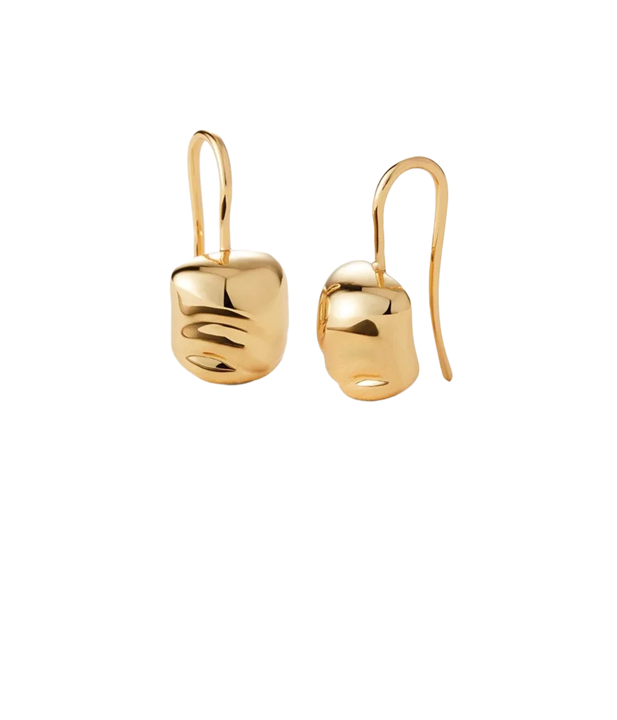 Jenny Bird Rue Drop Earrings in Gold shown as a pair, showing the sculpted molten nugget drops hanging from fine hook wires