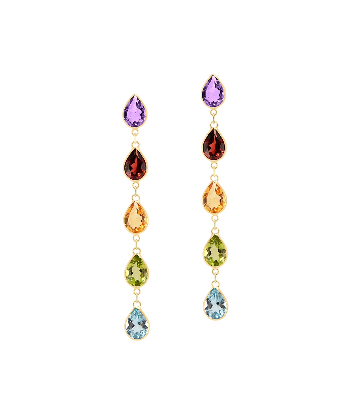 JIA JIA Chakra Rainbow Gemstone Five Raindrop Earrings in Rainbow shown as a pair, each with five pear-cut stones in purple, red, orange, green and pale blue set in gold and stacked in a long vertical drop