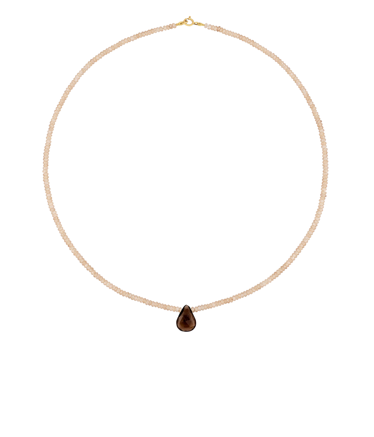JIA JIA Arizona Zircon Smoky Quartz Raindrop Necklace in Pink & Brown laid flat in a full circle, with fine blush zircon beads and a single dark smoky quartz raindrop at the centre