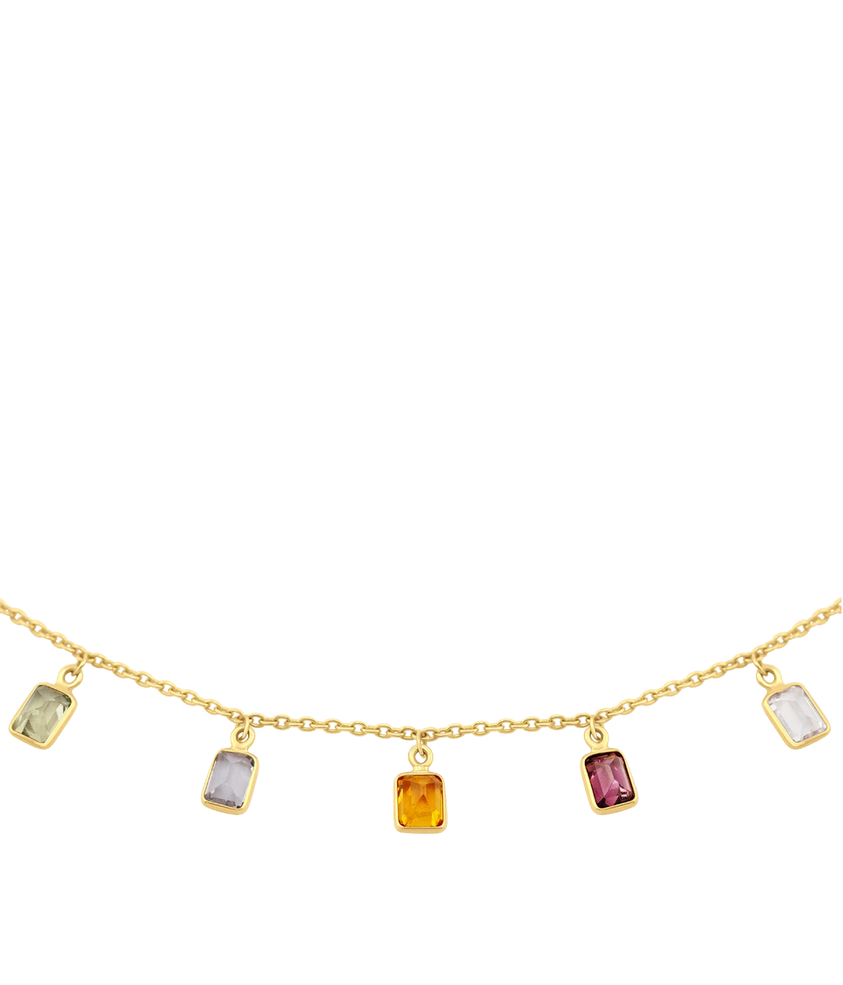 Close-up of the JIA JIA Chakra Rainbow Sapphire Gold Bezel Drop Necklace in Rainbow showing emerald-cut sapphire drops in pale green, lilac, orange and raspberry, each set in a gold bezel on the fine chain