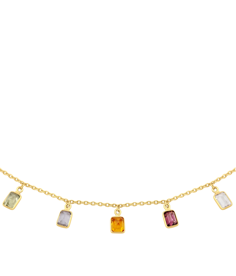 Close-up of the JIA JIA Chakra Rainbow Sapphire Gold Bezel Drop Necklace in Rainbow showing emerald-cut sapphire drops in pale green, lilac, orange and raspberry, each set in a gold bezel on the fine chain