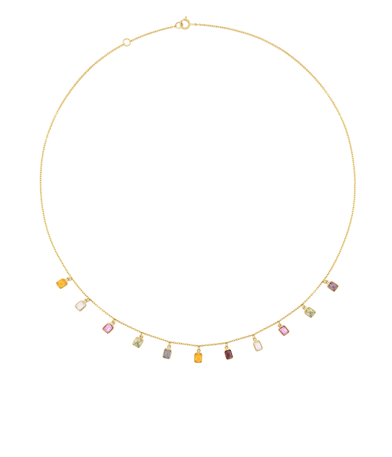 JIA JIA Chakra Rainbow Sapphire Gold Bezel Drop Necklace in Rainbow laid flat in a full circle, with small bezel-set sapphire drops in soft pastel and warm tones hanging from a fine gold chain