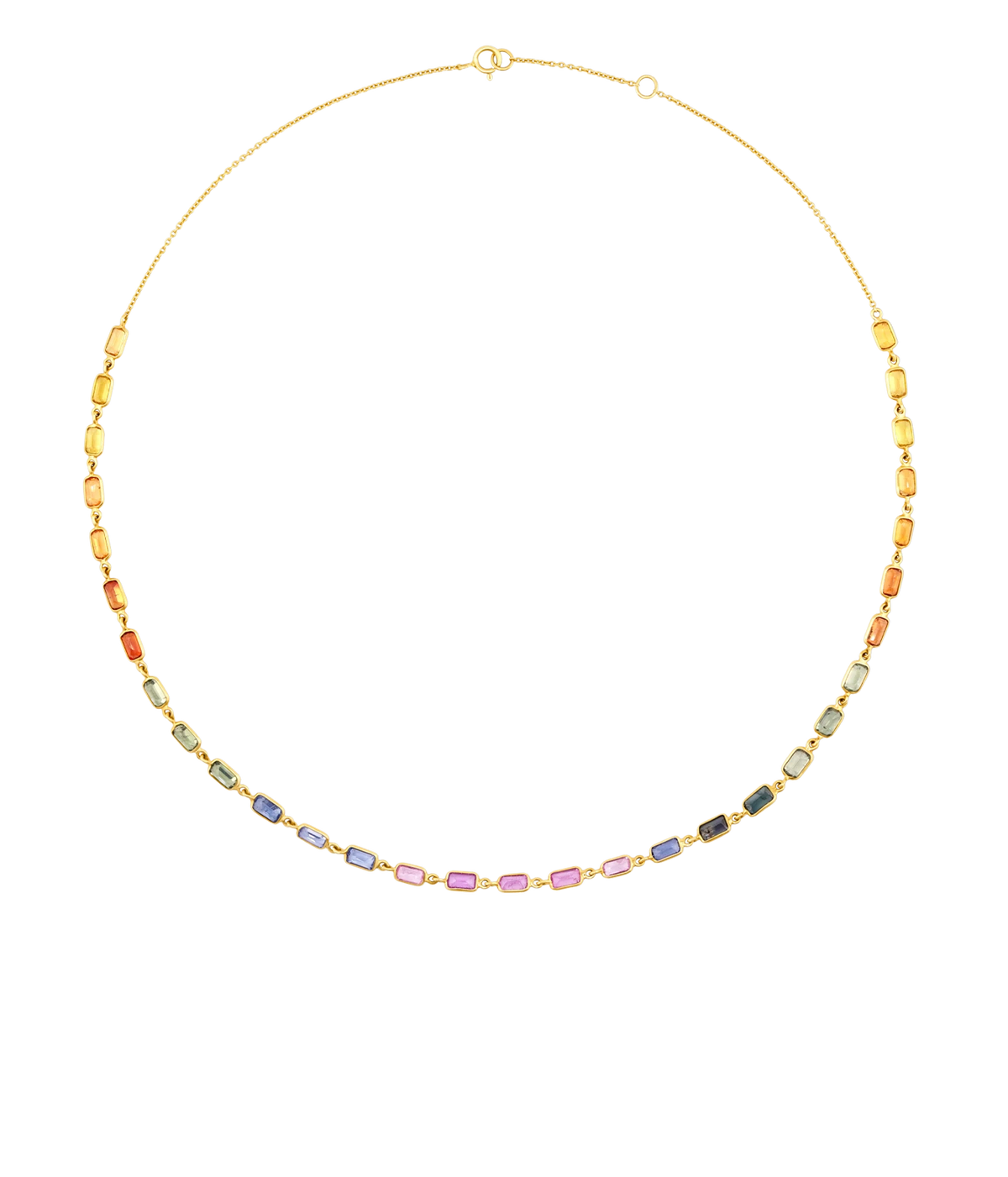 JIA JIA Chakra Rainbow Sapphire Gold Bezel Tennis Chain Necklace in Rainbow laid flat in a full circle, with bezel-set sapphires graduating from yellow and orange through blue and purple to pink along a fine yellow gold chain