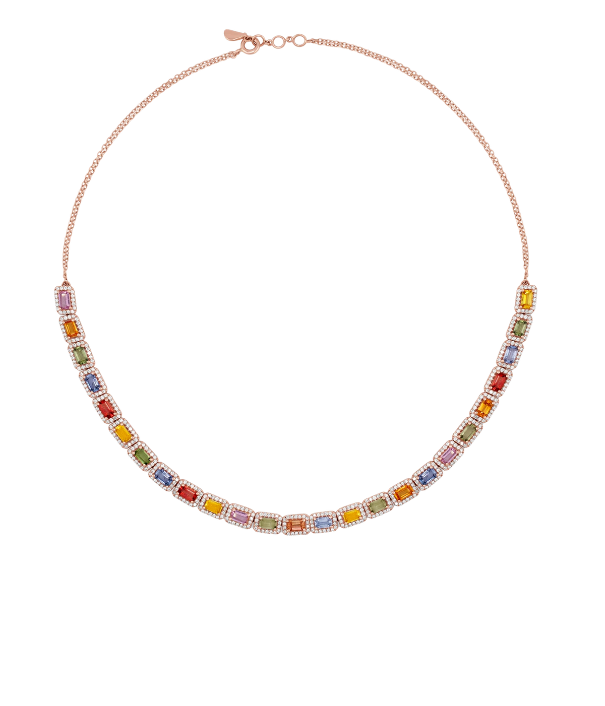 JIA JIA Chakra Rainbow Sapphire Diamond Halo Tennis Necklace in Rainbow laid flat in a full circle, with a row of rainbow sapphires each framed in diamonds across the front of a rose gold chain
