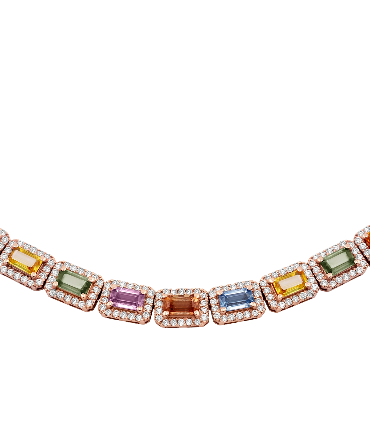 Close-up of the JIA JIA Chakra Rainbow Sapphire Diamond Halo Tennis Necklace in Rainbow showing emerald-cut sapphires in yellow, green, pink, orange and blue, each surrounded by a diamond halo in a rose gold setting