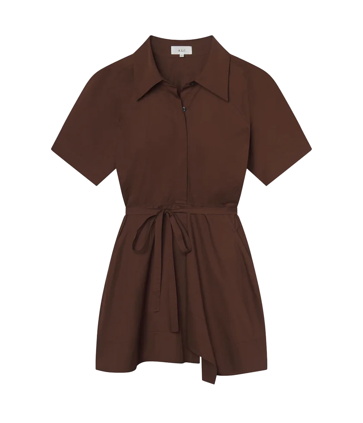 ALT text: Milk chocolate cotton twill shirtdress with cuffed sleeves, pointed collar, asymmetric hem, and back tie detail.