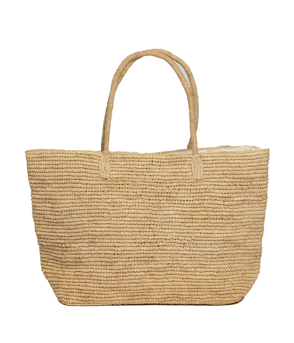 ALT text: Hat Attack Jane Tote in natural handwoven paper straw with sturdy shoulder straps and a spacious interior.