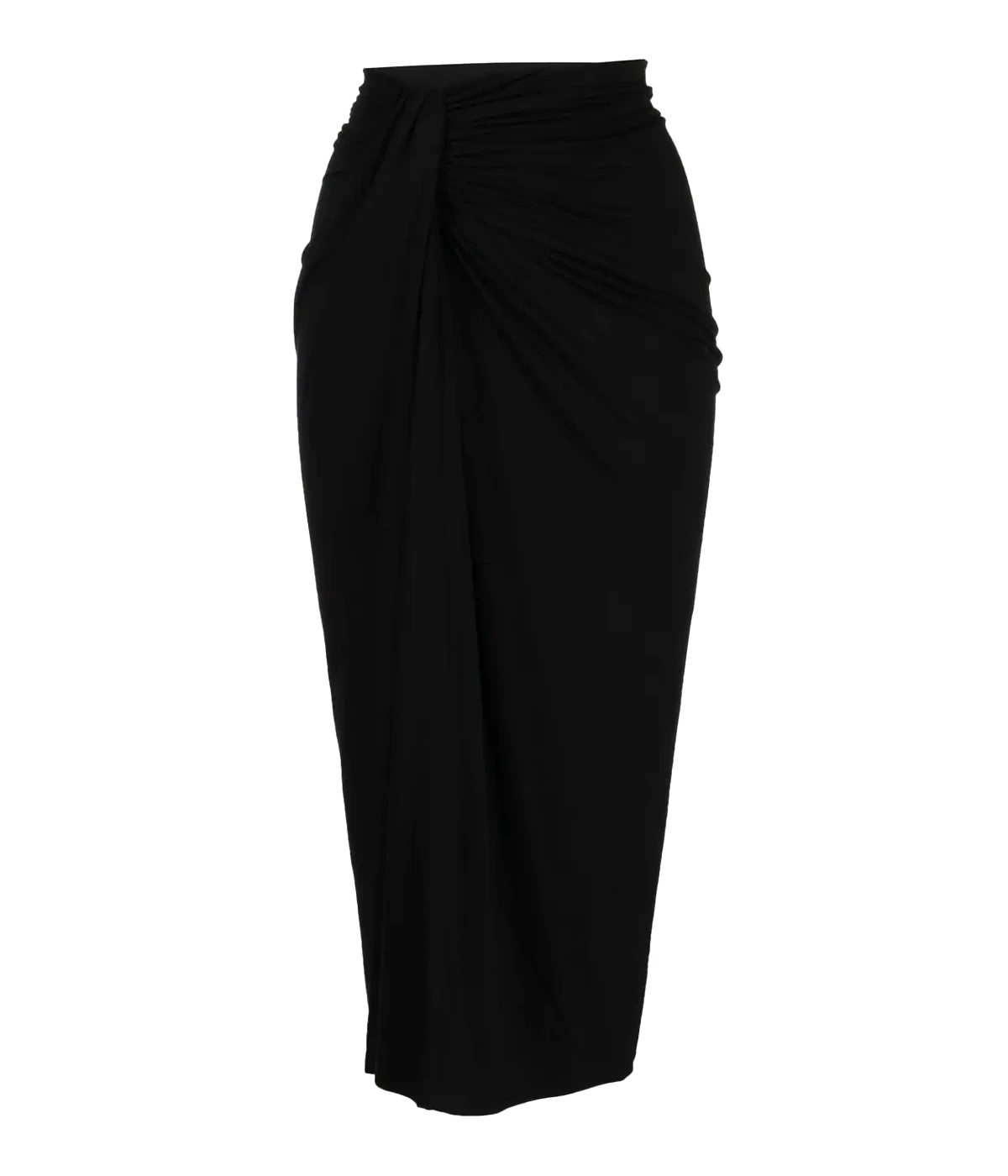 An elevated basic jersey midi skirt, in black colourway featuring a knotted gathered detail, midi length and stretch for comfort. Made internationally, long lunch, elevated basic, comfortable, wardrobe staple, work wear. 