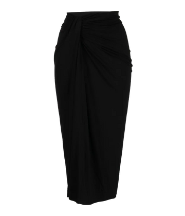 An elevated basic jersey midi skirt, in black colourway featuring a knotted gathered detail, midi length and stretch for comfort. Made internationally, long lunch, elevated basic, comfortable, wardrobe staple, work wear. 