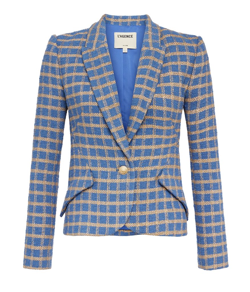 Blue and gold plaid fitted single breasted blazer for women by L'agence.