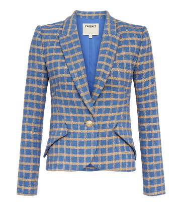 Blue and gold plaid fitted single breasted blazer for women by L'agence.