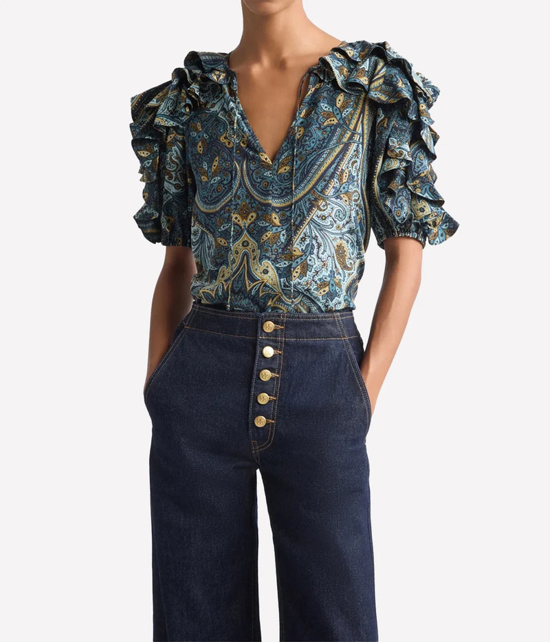 Model wearing Ulla Johnson Josephine Short Sleeve Silk Top in Prussian, front view