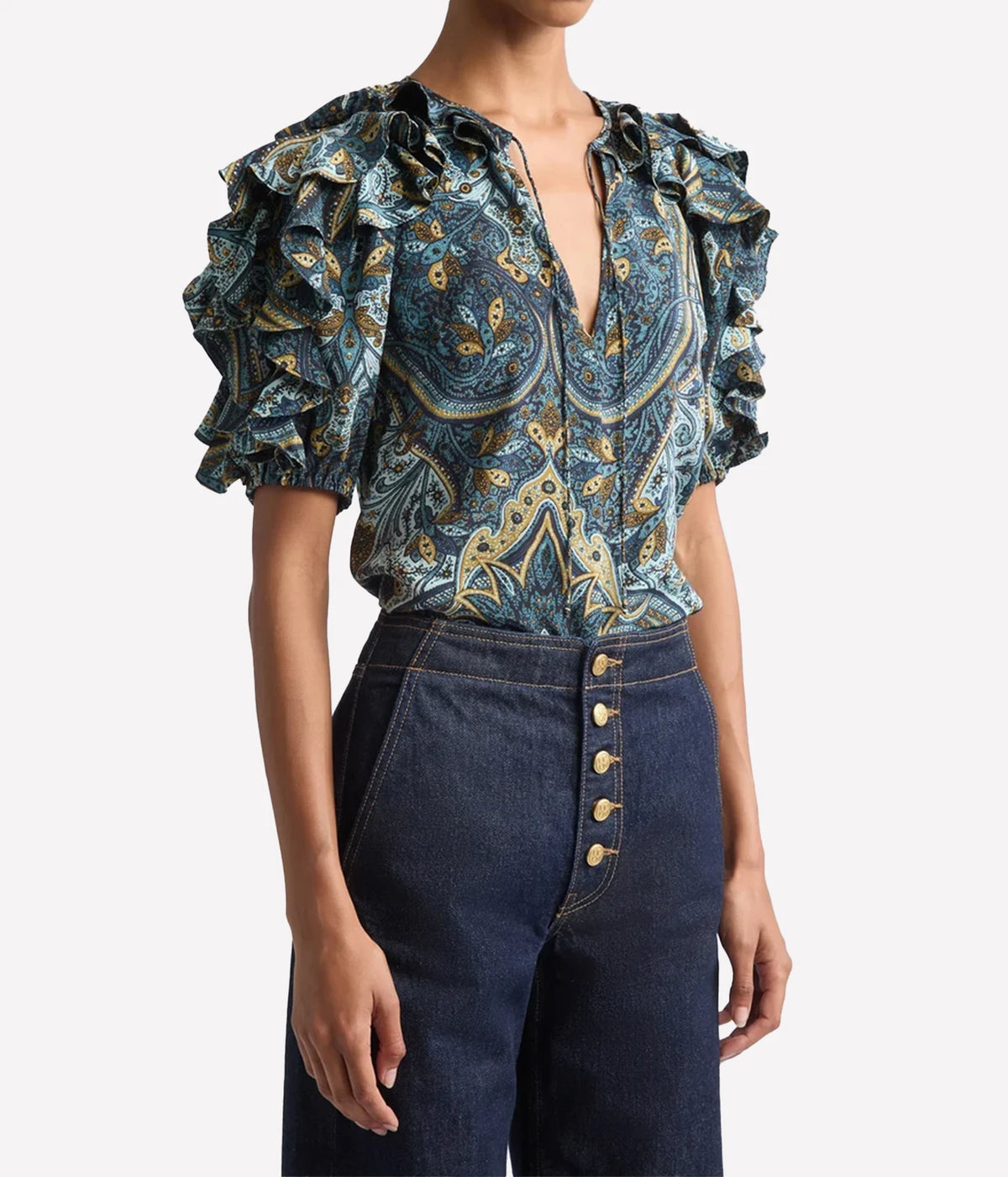 Model wearing Ulla Johnson Josephine Short Sleeve Silk Top in Prussian, three-quarter view