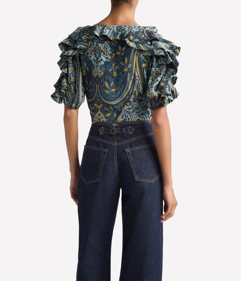 Model wearing Ulla Johnson Josephine Short Sleeve Silk Top in Prussian, back view