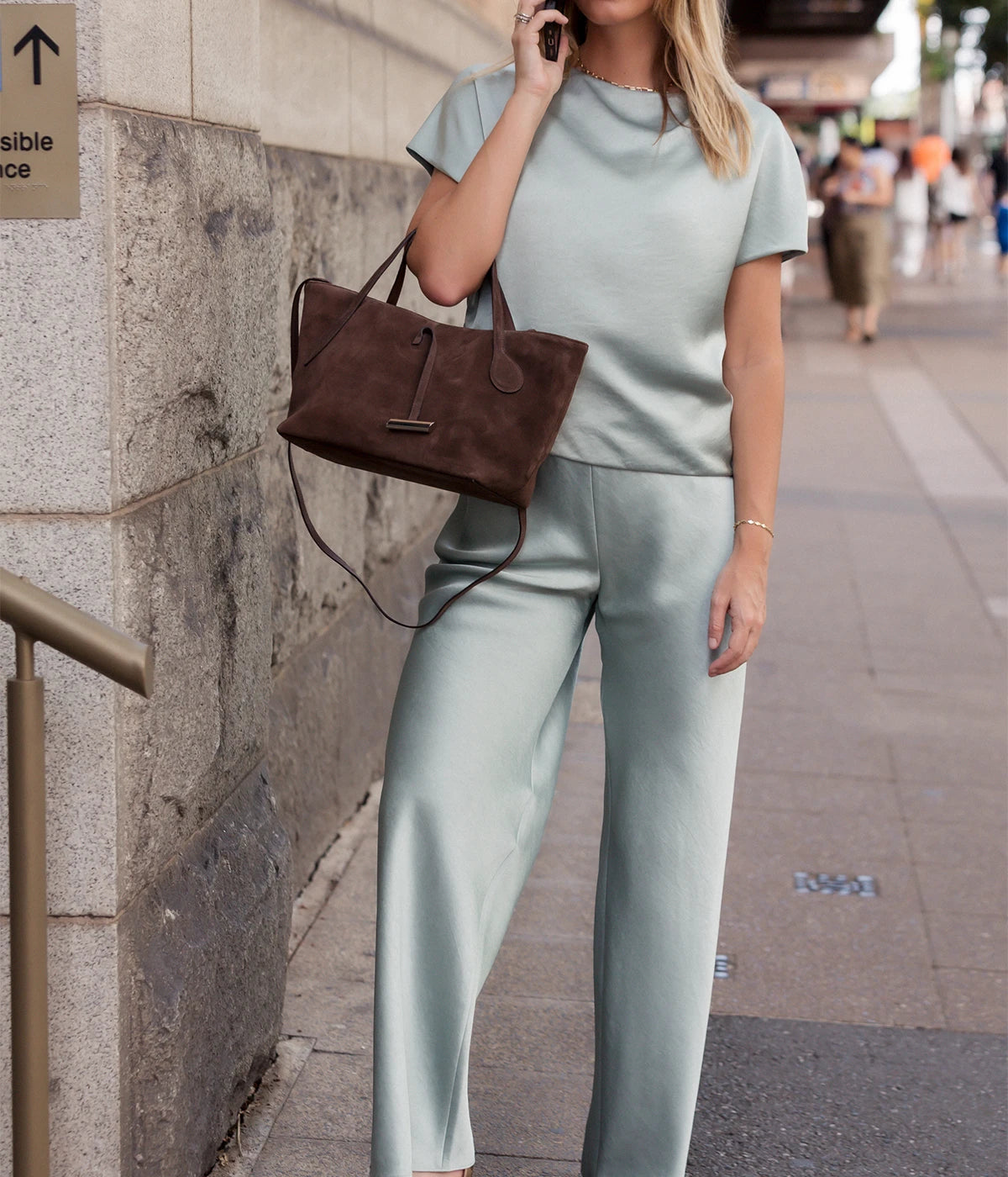 High Waist Fluid Satin Pant in Aloe Stone