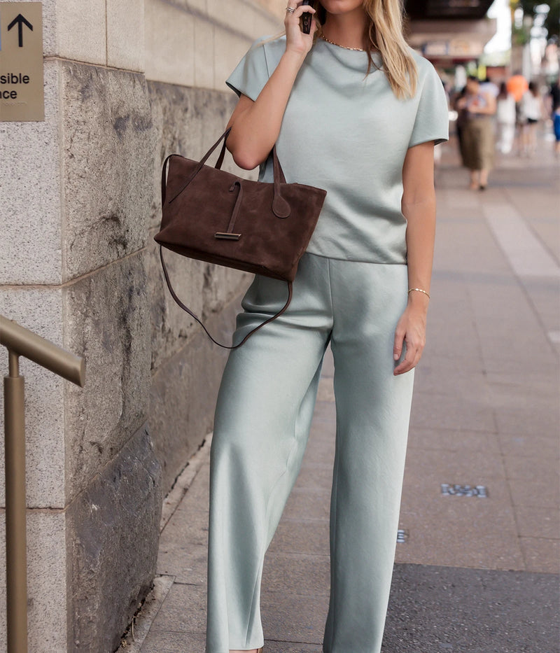 High Waist Fluid Satin Pant in Aloe Stone