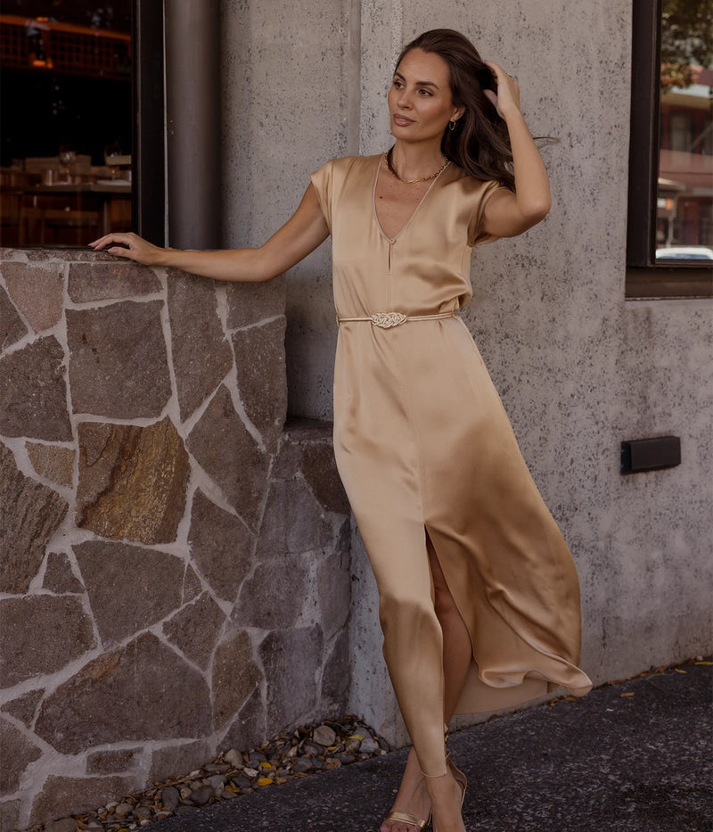Envers Satin Shiny Kaftan Dress In Paglierino