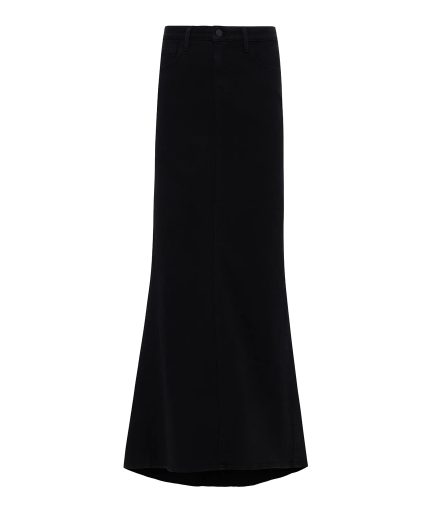 A trendy and elevated basic denim maxi skirt in black, featuring a high waistline, mermaid flare and soft premium stretch denim. Classic five pocket constructions. comfortable, made internationally. 