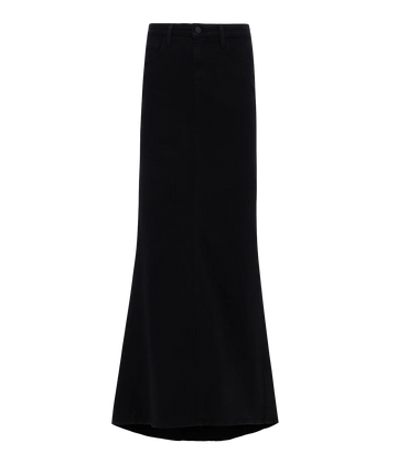 A trendy and elevated basic denim maxi skirt in black, featuring a high waistline, mermaid flare and soft premium stretch denim. Classic five pocket constructions. comfortable, made internationally. 