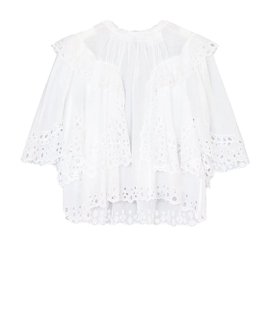 An everyday summer staple cotton top, with ruffle neckline, flouncy scalloped lace details, flowing tiers, high neckline, cropped cut and short sleeve design. 100% cotton, made internationally, bra friendly, summer staple, lunch with girlfriends. 