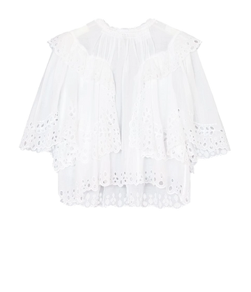 An everyday summer staple cotton top, with ruffle neckline, flouncy scalloped lace details, flowing tiers, high neckline, cropped cut and short sleeve design. 100% cotton, made internationally, bra friendly, summer staple, lunch with girlfriends. 