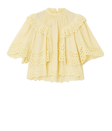 An everyday summer staple cotton top, with ruffle neckline, flouncy scalloped lace details, flowing tiers, high neckline, cropped cut and short sleeve design. 100% cotton, made internationally, bra friendly, summer staple, lunch with girlfriends. 