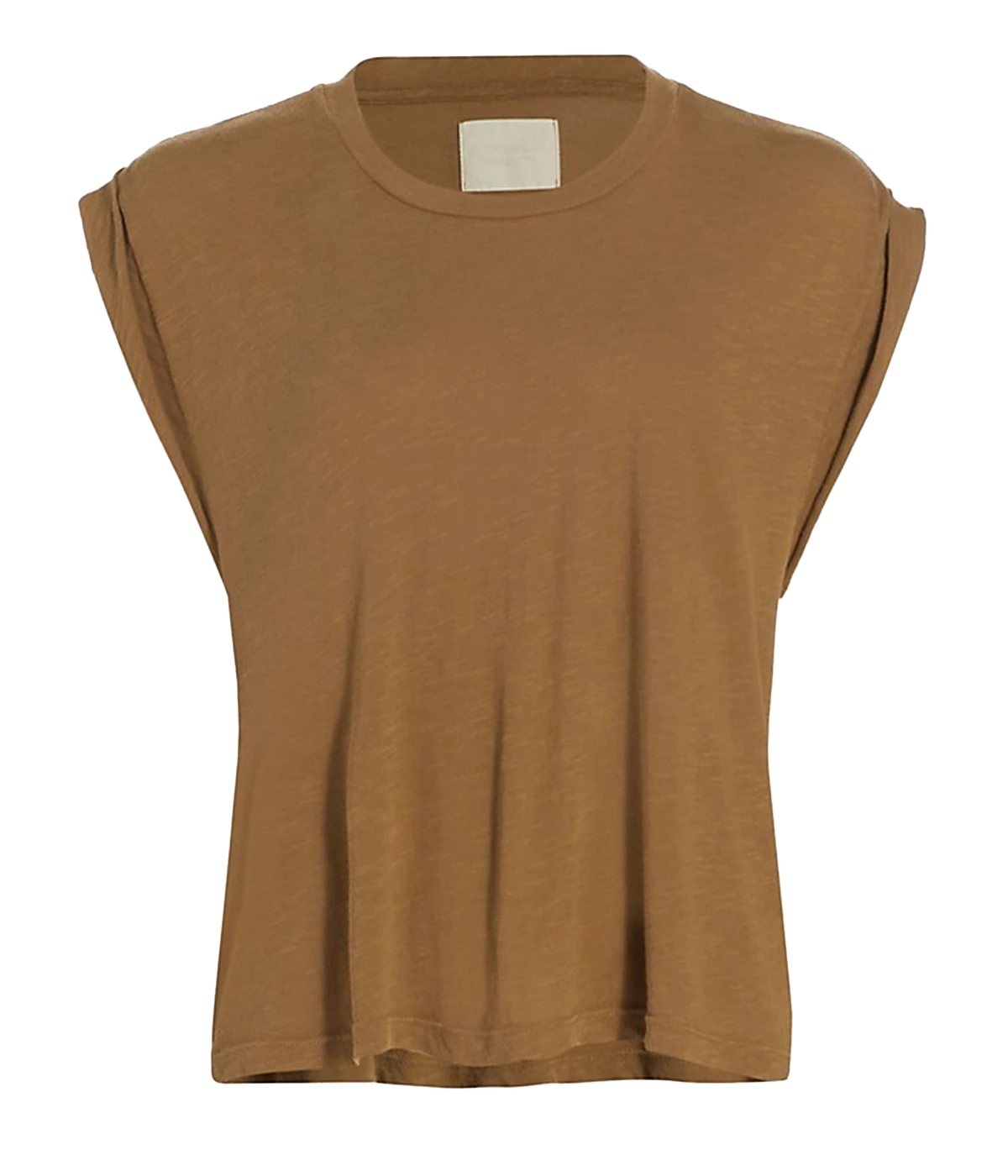 A elevated T-shirt in a brown colorway, featuring rolled sleeves, croped hem and muscle tank style. 100% cotton, comfortable, everyday basic, bra friendly, made in USA. 