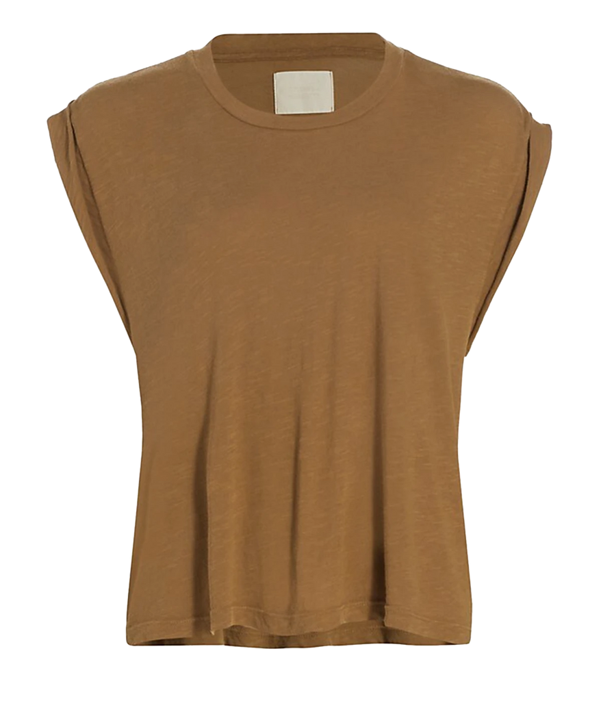 A elevated T-shirt in a brown colorway, featuring rolled sleeves, croped hem and muscle tank style. 100% cotton, comfortable, everyday basic, bra friendly, made in USA. 