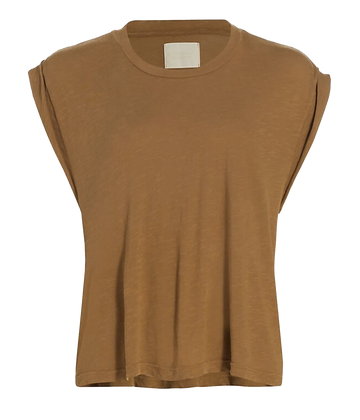 A elevated T-shirt in a brown colorway, featuring rolled sleeves, croped hem and muscle tank style. 100% cotton, comfortable, everyday basic, bra friendly, made in USA. 