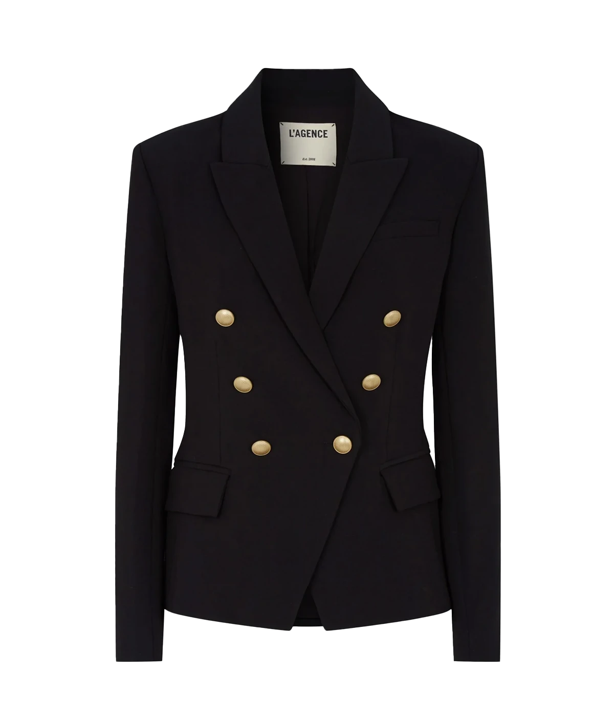 Image of a classic chic black blazer, with double breasted button closure, cotton, strong shoulders, peaked lapels, flat pockets, gold hard wear. Workwear, basic blazer, classic look, made in USA.  