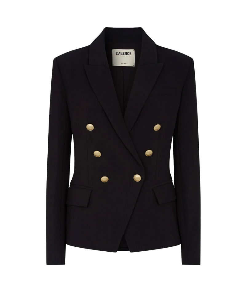 Image of a classic chic black blazer, with double breasted button closure, cotton, strong shoulders, peaked lapels, flat pockets, gold hard wear. Workwear, basic blazer, classic look, made in USA.  