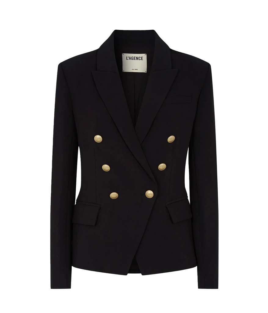 Image of a classic chic black blazer, with double breasted button closure, cotton, strong shoulders, peaked lapels, flat pockets, gold hard wear. Workwear, basic blazer, classic look, made in USA.  