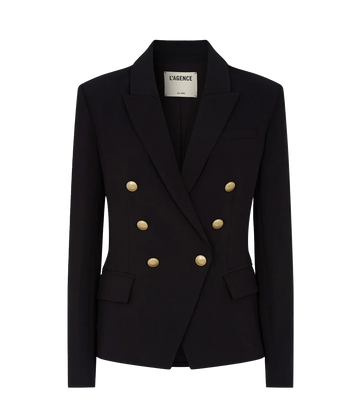 Image of a classic chic black blazer, with double breasted button closure, cotton, strong shoulders, peaked lapels, flat pockets, gold hard wear. Workwear, basic blazer, classic look, made in USA.  