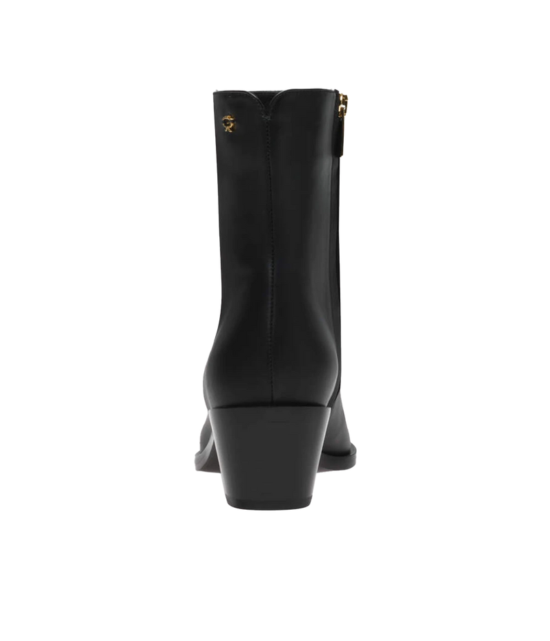 Black leather ankle boots featuring a 45mm block heel and sleek design, styled for versatile day-to-night wear.