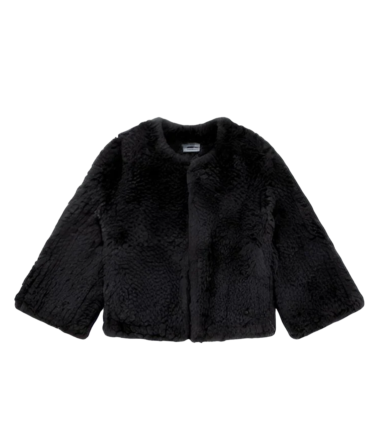 ALT text: Woman wearing black knitted rex rabbit fur jacket with hook-and-eye closure, made in France