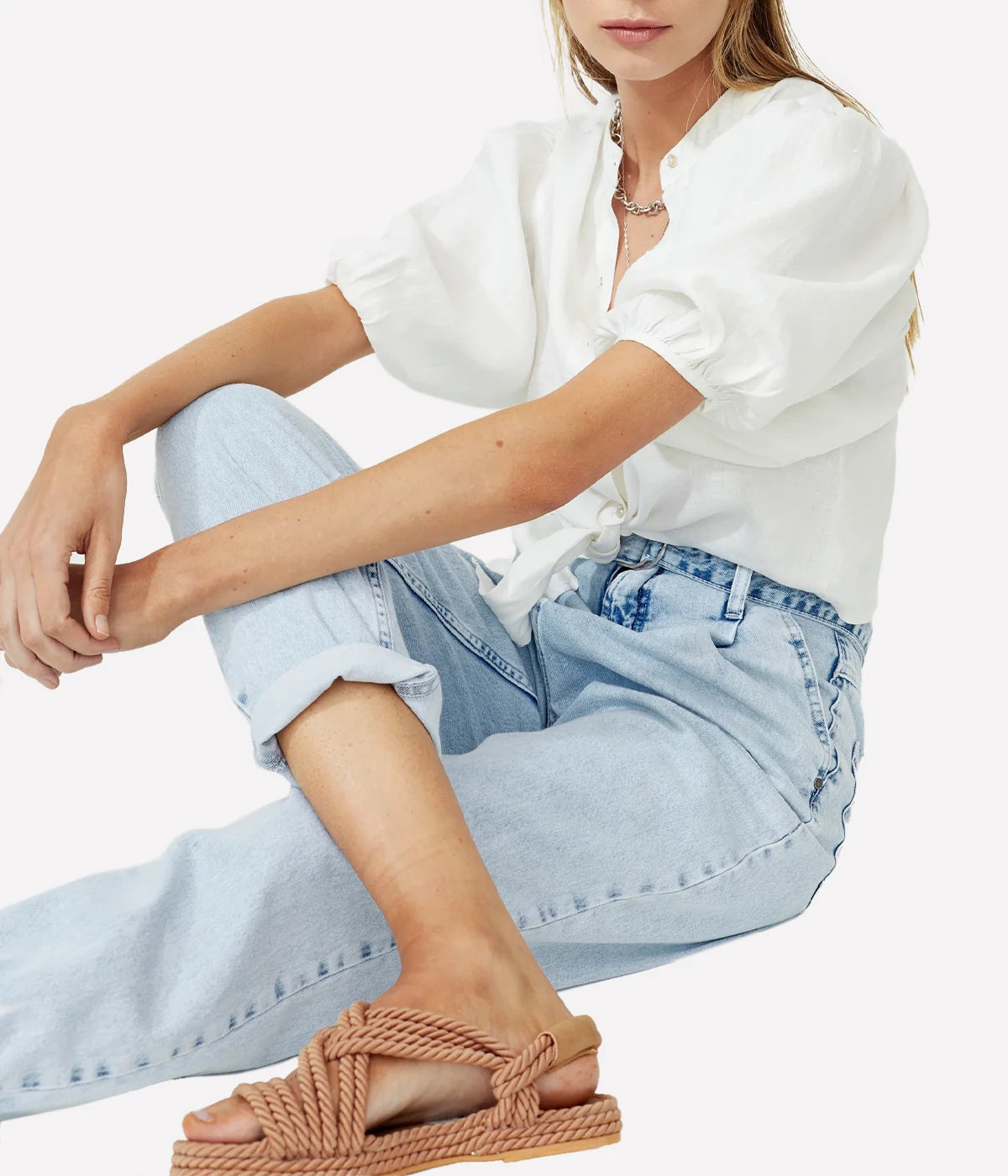 Bubble Linen Crop Top in White