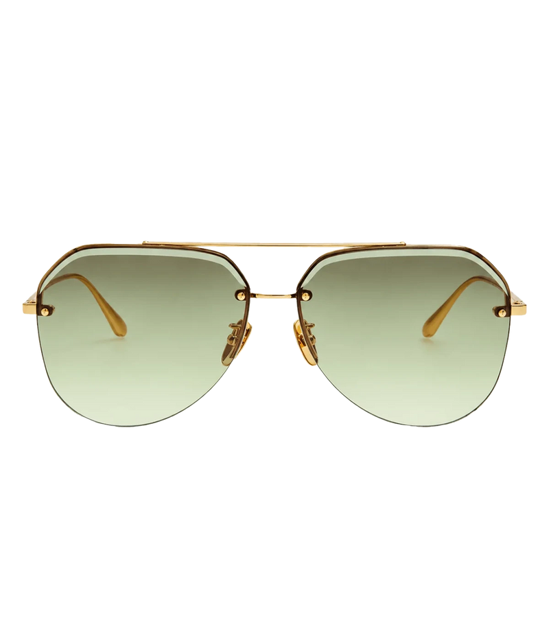 Linda Farrow Quynh Sunglasses In Yellow Gold/Green Grad, front view showing the gold aviator frame and green gradient lenses